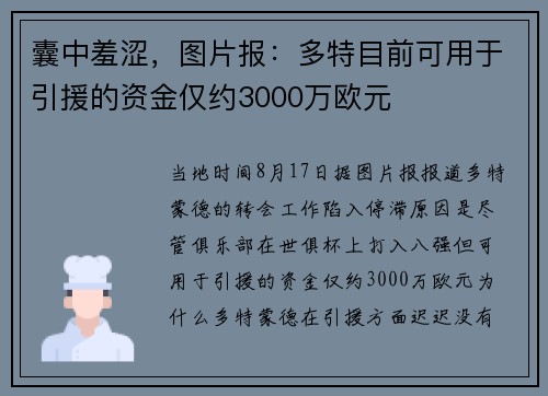 囊中羞涩，图片报：多特目前可用于引援的资金仅约3000万欧元
