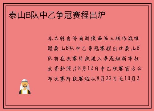 泰山B队中乙争冠赛程出炉