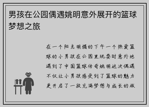 男孩在公园偶遇姚明意外展开的篮球梦想之旅